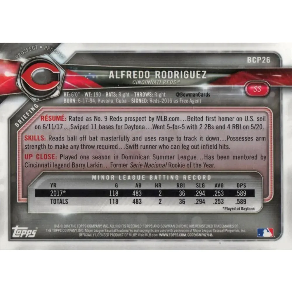 2018 Bowman Chrome Prospects Alfredo Rodriguez BCP26 Cincinnati Reds